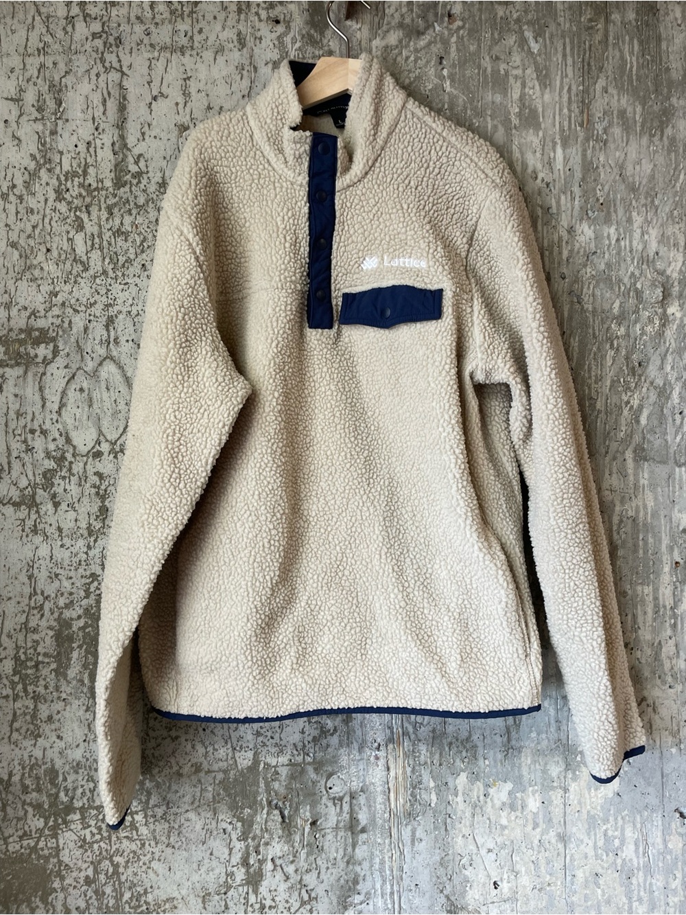 PORT AUTHORITY Men's Camp Fleece Snap Pullover Size L in Oat/Dress Blue Navy